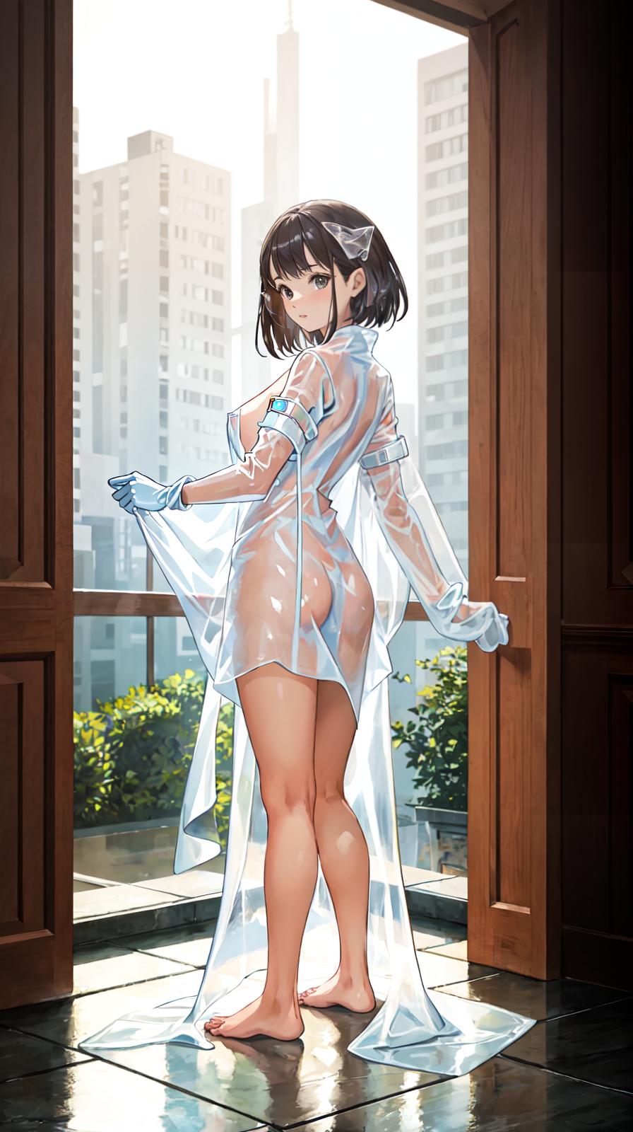  master piece , best quality,Naked girl wearing rubber gloves, barefoot and wearing a transparent raincoat.