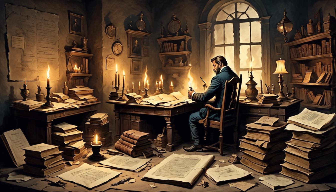  on parchment, surrealism+++, A cluttered desk in a dimly lit room, scattered papers, old books, a single burning candle, chaotic, overwhelmed(mysterious, provocative, symbolic,muted color)+++