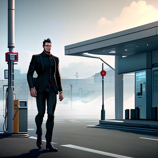  A man with a tired appearance in a black Suit and carrying a backpack stands next to a gas station, looking around at the camera., Character, Full body, Concept design, Sheet, Ultra wide view, Ultra detailed hyperrealistic, full body, detailed clothing, highly detailed, cinematic lighting, stunningly beautiful, intricate, sharp focus, f/1. 8, 85mm, (centered image composition), (professionally color graded), ((bright soft diffused light)), volumetric fog, trending on instagram, trending on tumblr, HDR 4K, 8K