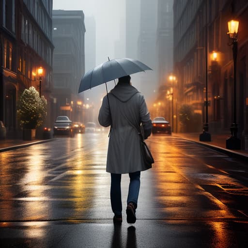  a sad man in a gray raincoat walks along the road in the rain and carries a box in his hands. hyperrealistic, full body, detailed clothing, highly detailed, cinematic lighting, stunningly beautiful, intricate, sharp focus, f/1. 8, 85mm, (centered image composition), (professionally color graded), ((bright soft diffused light)), volumetric fog, trending on instagram, trending on tumblr, HDR 4K, 8K