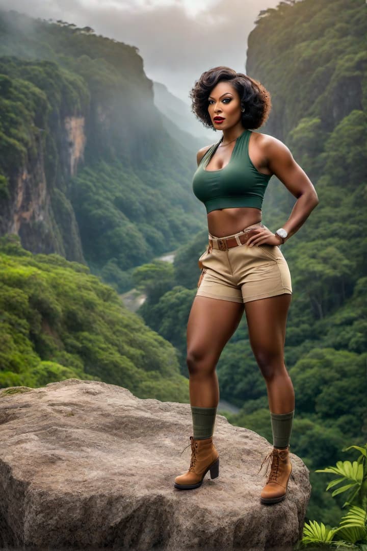  Show a scared and screaming 1930’s era black female jungle explorer ,Velma ,wearing khaki shorts and khaki shirt with khaki knee socks, dangling from the edge of a cliff by a rope hyperrealistic, full body, detailed clothing, highly detailed, cinematic lighting, stunningly beautiful, intricate, sharp focus, f/1. 8, 85mm, (centered image composition), (professionally color graded), ((bright soft diffused light)), volumetric fog, trending on instagram, trending on tumblr, HDR 4K, 8K