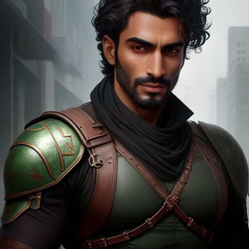  a man with chocolate skin, curly dark hair, Arab appearance, light careless stubble, green eyes, cheerful and brutal, hooked nose hyperrealistic, full body, detailed clothing, highly detailed, cinematic lighting, stunningly beautiful, intricate, sharp focus, f/1. 8, 85mm, (centered image composition), (professionally color graded), ((bright soft diffused light)), volumetric fog, trending on instagram, trending on tumblr, HDR 4K, 8K