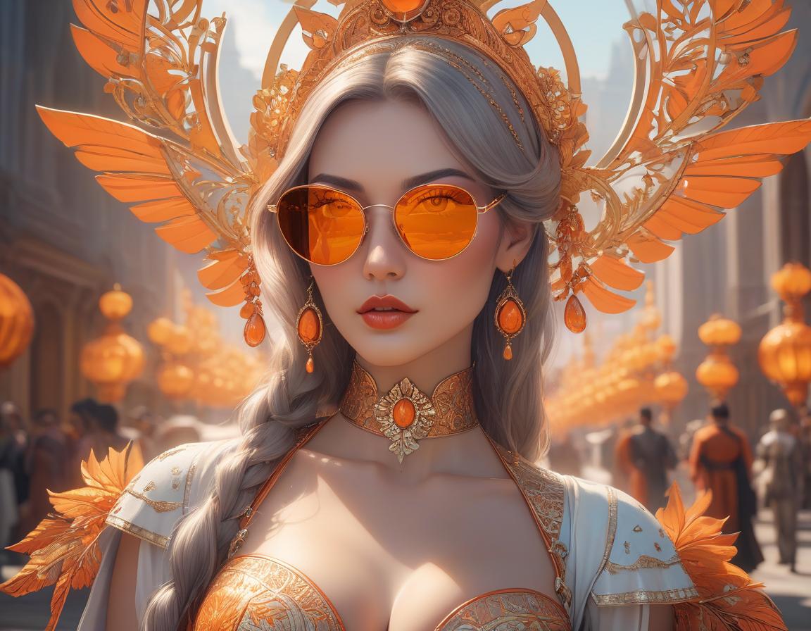  a close up of a woman wearing sunglasses, digital art, fantasy art, orange details, trending in behance, ornate cosplay, beautiful retro art, andrei riabovitchev symmetrical, best of behance, innocent look rich vivid colors, 2 d cg, oriental art nouveau, anton fadeev 8 k, masterpiece ; behance hd hyperrealistic, full body, detailed clothing, highly detailed, cinematic lighting, stunningly beautiful, intricate, sharp focus, f/1. 8, 85mm, (centered image composition), (professionally color graded), ((bright soft diffused light)), volumetric fog, trending on instagram, trending on tumblr, HDR 4K, 8K