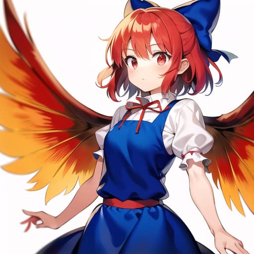  master piece , best quality,1girl, cirno (touhou), short hair, red hair, fire wings, fairy wings, red eyes, bangs, white shirt, collared shirt, puffy short sleeves, red dress, pinafore dress, blue ribbon, neck ribbon, red bow, green bow, hair bow, bow,