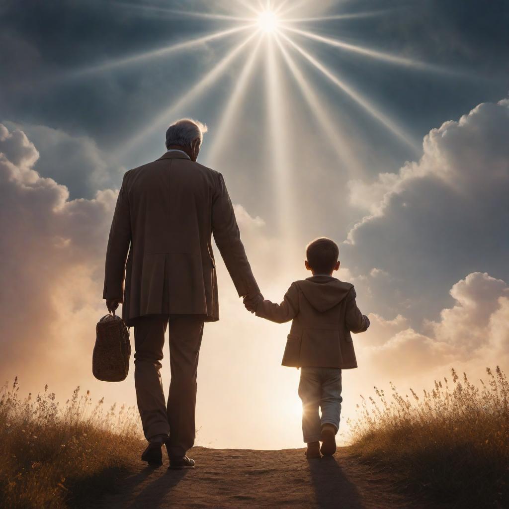  A serene, celestial background with soft clouds and rays of heavenly light. Ethereal silhouettes of a father and child walking together, symbolizing a guiding presence from heaven. Surrounding them are comforting and warm colors. Above them, a gentle, glowing text reads, 'Happy Father’s Day DAD' with a hand symbol 🙏. Another text below reads, 'He walks with me and guides me ❤️.' Alongside, angels or doves to represent the soul family sending love. The overall mood should be peaceful and loving. hyperrealistic, full body, detailed clothing, highly detailed, cinematic lighting, stunningly beautiful, intricate, sharp focus, f/1. 8, 85mm, (centered image composition), (professionally color graded), ((bright soft diffused light)), volumetric fog, trending on instagram, trending on tumblr, HDR 4K, 8K