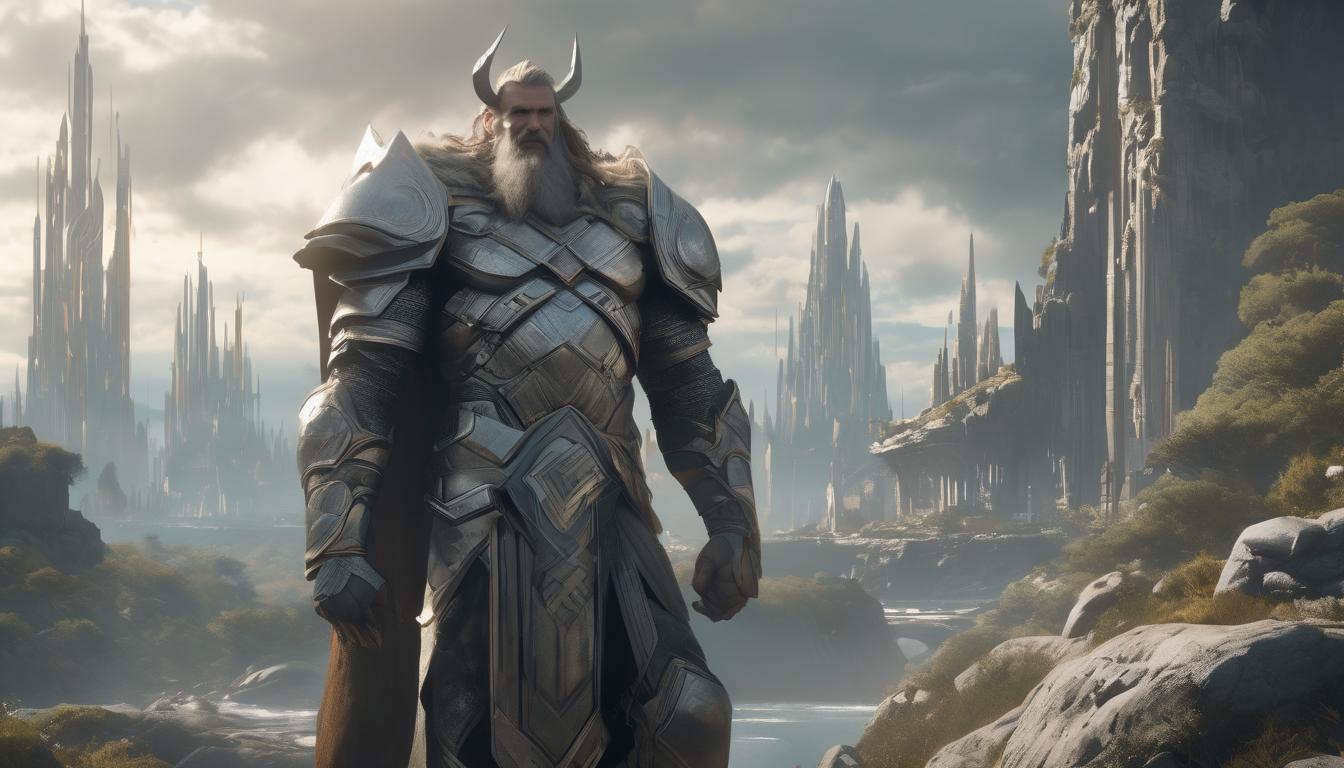  hyperrealism,fantasy aestheticSigurd standing as a protector, overlooking his peaceful realm, Viking structures, serene landscape, sense of stability and safety, high tech clothing clad in sleek, futuristic costume with metallic accents and form fitting designs, marvel superhero comics style, unreal engine rendering