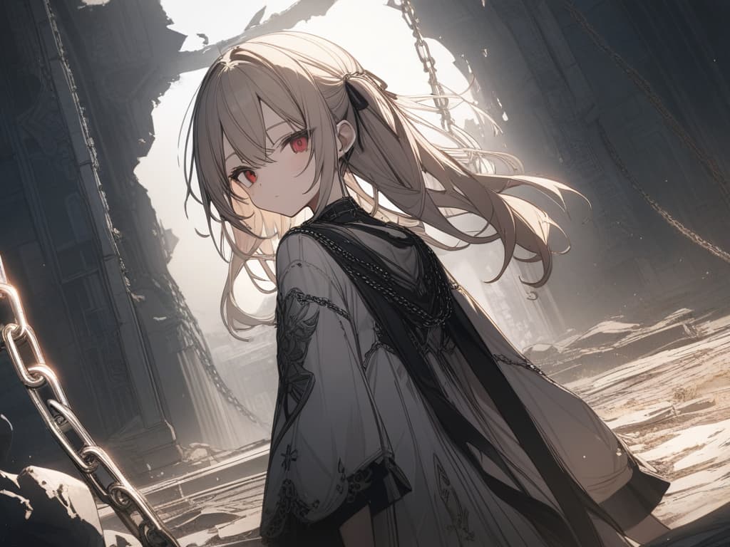  Hair colored beige, twin tails, black ribbon on hair, red eyes, ruins, chains, light, masterpiece, best quality,8k,ultra detailed,high resolution,an extremely delicate and beautiful,hyper detail