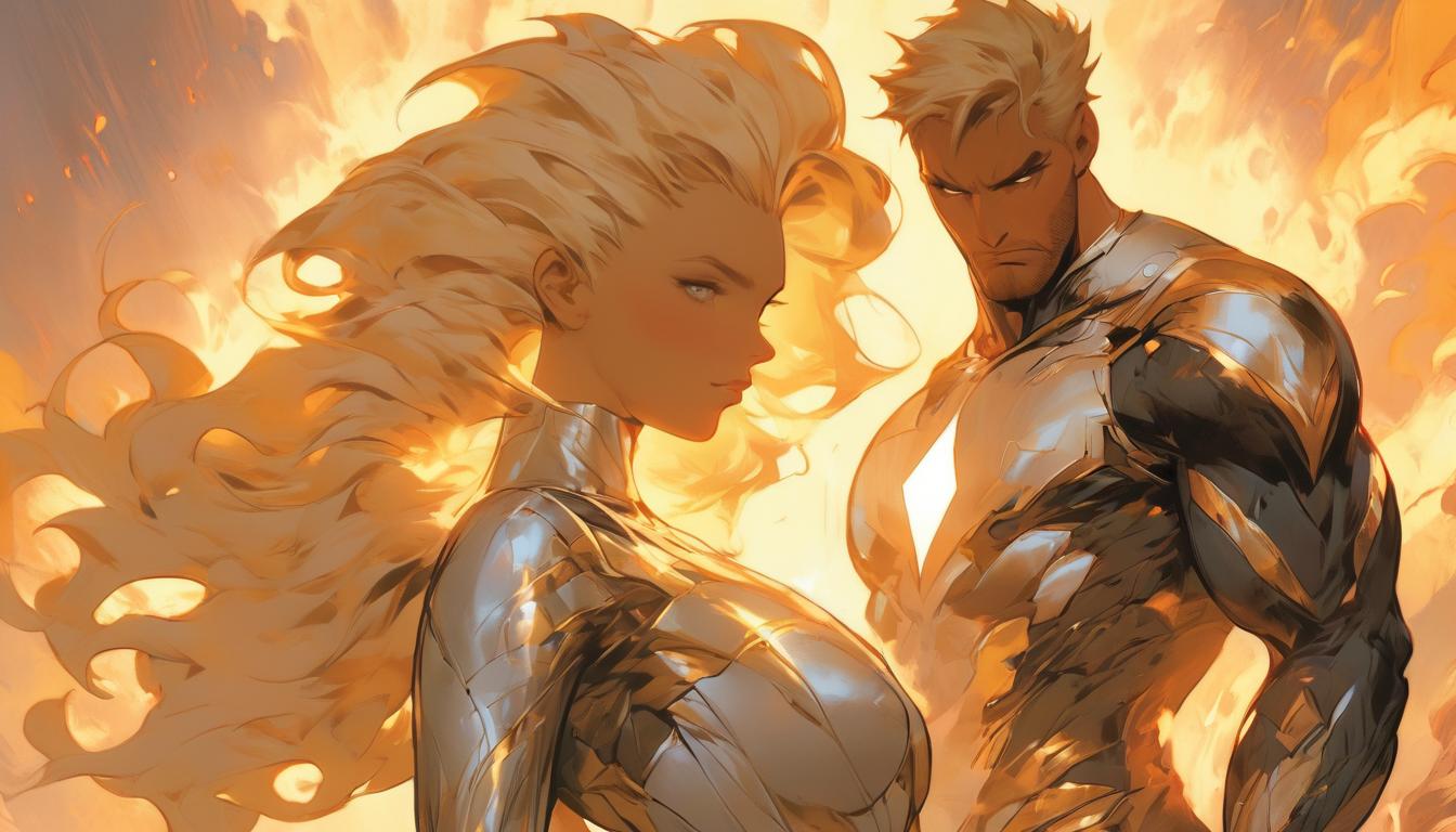  hyperrealism,fantasy aesthetic1woman1man, large busted attractive blonde arian female humanoid and handsome blonde arian male humanoid, guiding humanity, unified and enlightened, celestial harmony, high tech clothing clad in sleek, futuristic costume with metallic accents and form fitting designs, marvel superhero comics style, unreal engine rendering