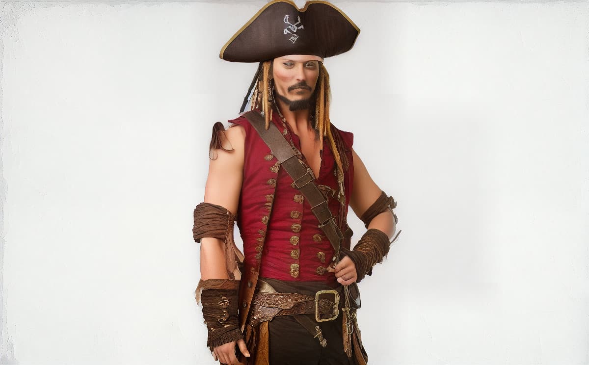 Transform the uploaded photo of a person into an image of a pirate. Add pirate themed elements such as an eye patch, a tricorn hat, a parrot on the shoulder, a pirate coat, and a background featuring a pirate ship or a treasure island. Ensure the person retains their original facial features while blending seamlessly with the pirate attire and setting. The final image should be vibrant, detailed, and convey a classic pirate look