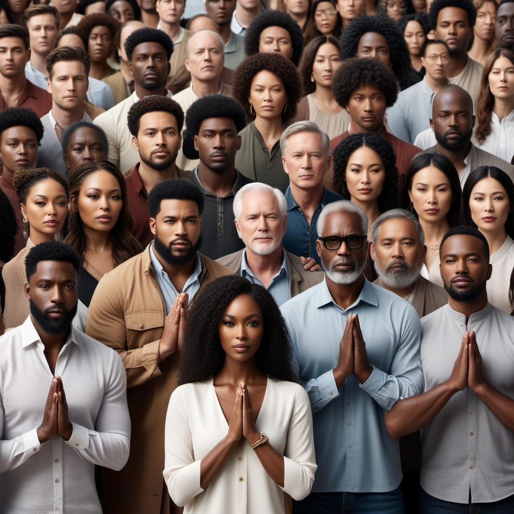  an intense image of a group of people of all nationalities, including white men, black men, white women, Chinese people, and brown people, joined together in solidarity, praying for peace on Earth. The background consists of many countries merged together from all over the world. hyperrealistic, full body, detailed clothing, highly detailed, cinematic lighting, stunningly beautiful, intricate, sharp focus, f/1. 8, 85mm, (centered image composition), (professionally color graded), ((bright soft diffused light)), volumetric fog, trending on instagram, trending on tumblr, HDR 4K, 8K