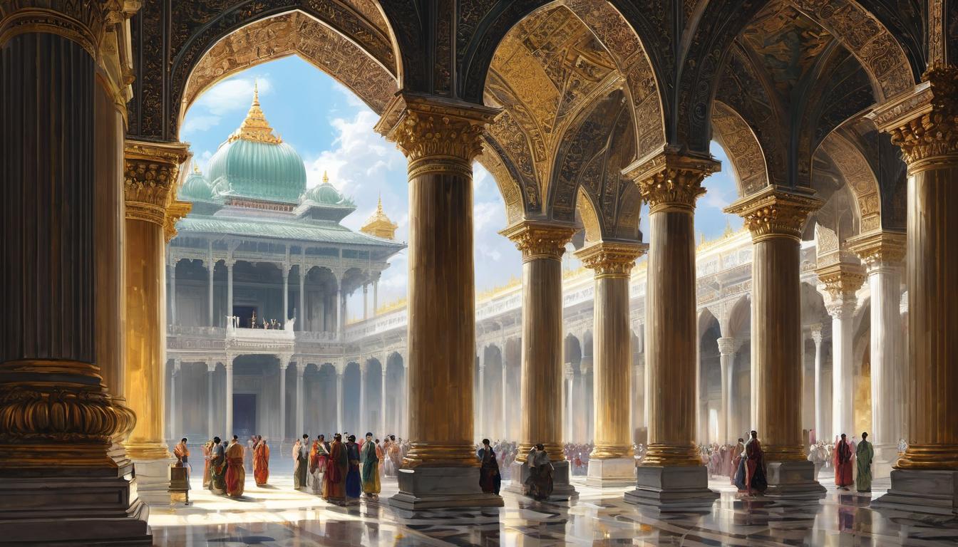  digital painting of Listeners gathered in a grand palace corridor, faces mixed with awe and haunted expressions, Nimrod's proclamation echoing, ornate marble walls and high ceilings, majestic, echoing looking at viewer, dynamic pose, (intricate details, masterpiece, best quality)