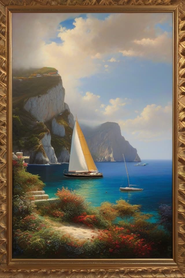  italy, capri coast, sea, sunny day, summer, sailing boat, clouds on the sky, oil painting style, , hyper detailed, masterpiece, hyperrealistic, high quality, sharp, highly detailed in Brooding landscapes, epic scale, German myth, layered symbolic density, pixel art, 32bits