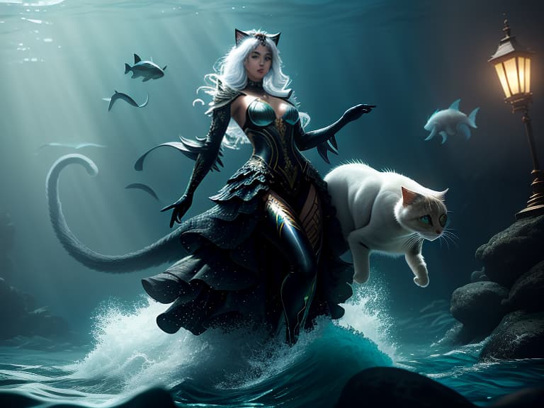  one women swimming in pure water, women in fins, a lot of cats, in black sea hyperrealistic, full body, detailed clothing, highly detailed, cinematic lighting, stunningly beautiful, intricate, sharp focus, f/1. 8, 85mm, (centered image composition), (professionally color graded), ((bright soft diffused light)), volumetric fog, trending on instagram, trending on tumblr, HDR 4K, 8K