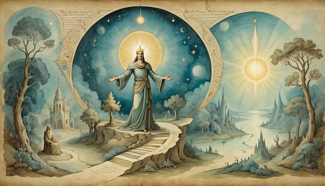  on parchment, surrealism+++, Radiant figure in an ordinary setting, their light illuminating the surrounding environment, each moment infused with divine energy, transformative, celestial(mysterious, provocative, symbolic,muted color)+++