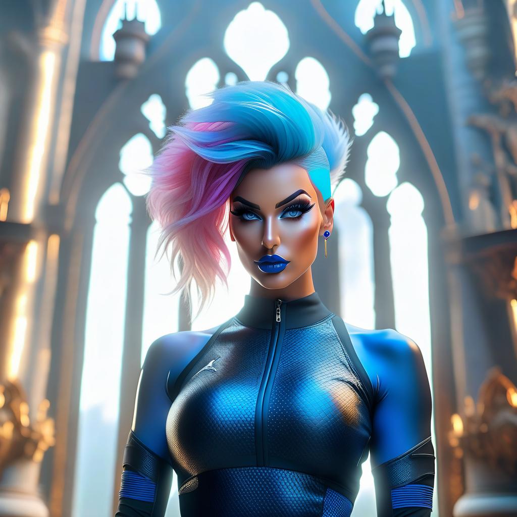  A young, beautiful, and with multicolored hair in sportswear with a huge bust. She has white skin and blue lips. She is in a castle. hyperrealistic, full body, detailed clothing, highly detailed, cinematic lighting, stunningly beautiful, intricate, sharp focus, f/1. 8, 85mm, (centered image composition), (professionally color graded), ((bright soft diffused light)), volumetric fog, trending on instagram, trending on tumblr, HDR 4K, 8K