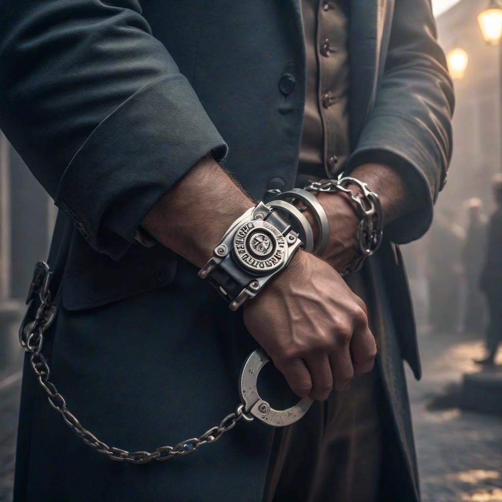  handcuffs hyperrealistic, full body, detailed clothing, highly detailed, cinematic lighting, stunningly beautiful, intricate, sharp focus, f/1. 8, 85mm, (centered image composition), (professionally color graded), ((bright soft diffused light)), volumetric fog, trending on instagram, trending on tumblr, HDR 4K, 8K