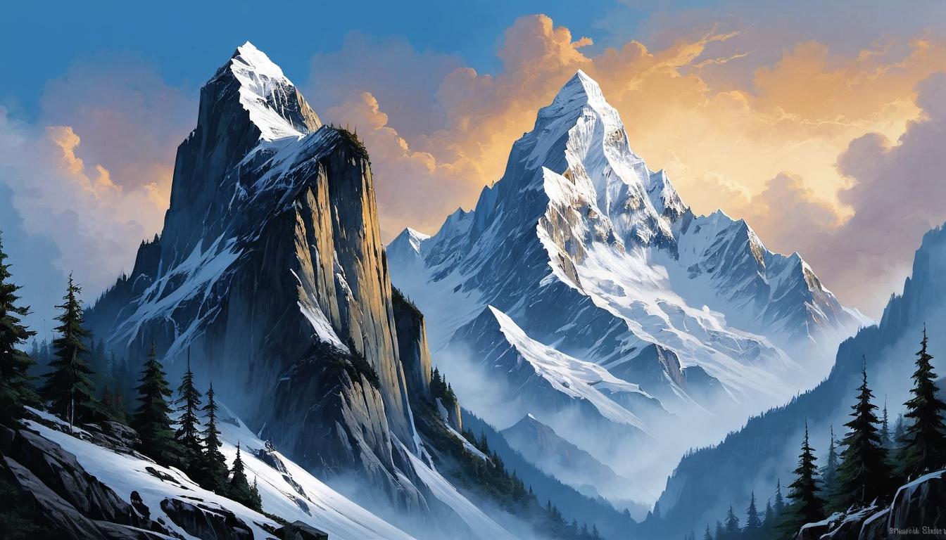  （surrealism)A mountain, towering, unmovable, snow capped peak, dense forest at the base, cliff edges, formidable, steadfast, symbol of resilience mystic, intricate details, best quality)