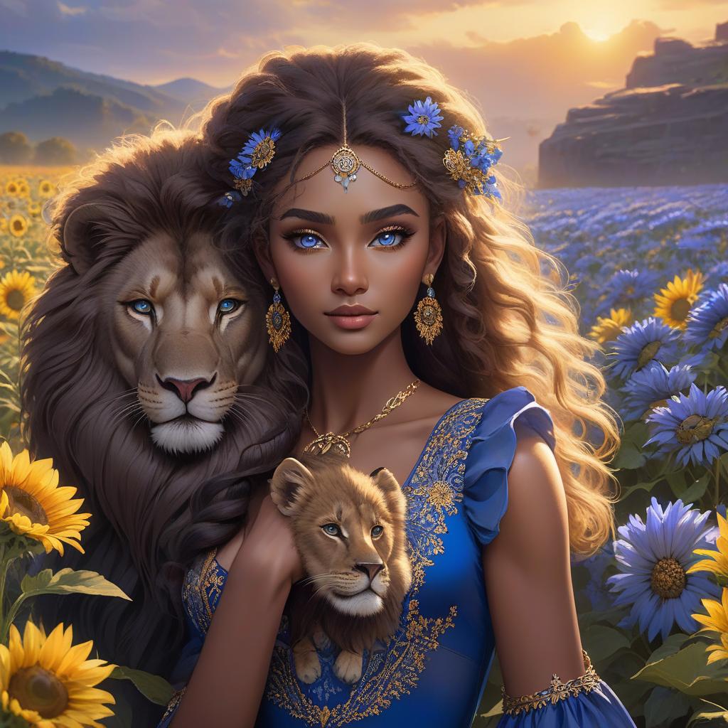  A with striking eyes holds a young lion amidst a sunflower field at sunset. Her hair is adorned with blue flowers, matching her dress. A young African with a rich, dark complexion and large, round, expressive dark brown eyes. She has full lips and a small, delicate nose. Her face is framed by long, dreadlocks in a natural dark brown color. She wears blue dangly earrings with blue daisies that accentuate her eyes. The wears a bright royal blue dress with puff sleeves, which has intricate gold embroidery and daisy embellishments that match her earrings. In her arms she tenderly holds a young lion, whose gentle, catty eyes and soft features convey a feeling of trust and security. The lion's fur is a traditional lion brow hyperrealistic, full body, detailed clothing, highly detailed, cinematic lighting, stunningly beautiful, intricate, sharp focus, f/1. 8, 85mm, (centered image composition), (professionally color graded), ((bright soft diffused light)), volumetric fog, trending on instagram, trending on tumblr, HDR 4K, 8K