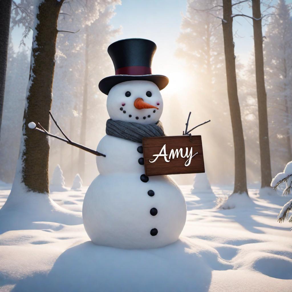  A cheerful snowman standing in a snowy landscape, wearing a traditional top hat and scarf, holding a wooden sign with the name 'Amy' written on it. hyperrealistic, full body, detailed clothing, highly detailed, cinematic lighting, stunningly beautiful, intricate, sharp focus, f/1. 8, 85mm, (centered image composition), (professionally color graded), ((bright soft diffused light)), volumetric fog, trending on instagram, trending on tumblr, HDR 4K, 8K