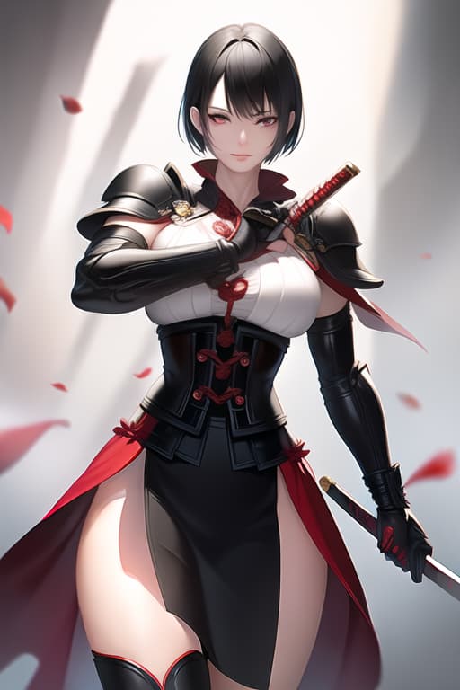  black hair, very short hair, woman, older sister, mature, white dress shirt, red corset, black leather pants, long Japanese sword, muscular, accurate eyes, accurate hands, Japanese armor on shoulders and arms,cowboy shot, (Masterpiece, BestQuality:1.3), (ultra detailed:1.2), (hyperrealistic:1.3), (RAW photo:1.2),High detail RAW color photo, professional photograph, (Photorealistic:1.4), (realistic:1.4), ,professional lighting, (japanese), beautiful face, (realistic face)