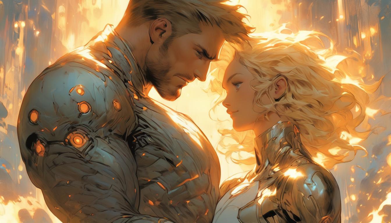  hyperrealism,fantasy aesthetic1man1woman, large busted attractive blonde arian female humanoid and handsome male humanoid, experiencing deep emotional healing, stronger connection, higher self, transformative, high tech clothing clad in sleek, futuristic costume with metallic accents and form fitting designs, marvel superhero comics style, unreal engine rendering