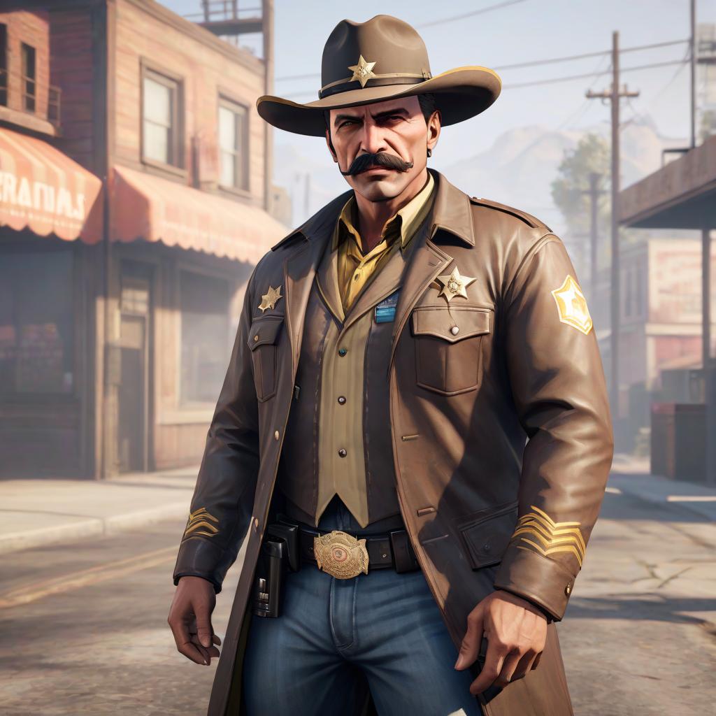  GTA character: brutal sheriff with mustache hyperrealistic, full body, detailed clothing, highly detailed, cinematic lighting, stunningly beautiful, intricate, sharp focus, f/1. 8, 85mm, (centered image composition), (professionally color graded), ((bright soft diffused light)), volumetric fog, trending on instagram, trending on tumblr, HDR 4K, 8K