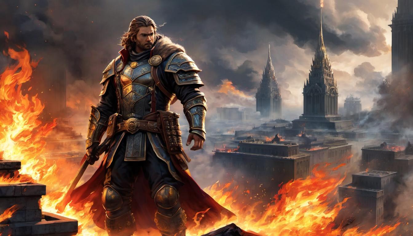  digital painting of A towering figure overseeing a conquered city, flames and smoke in the distance, powerful, relentless looking at viewer, dynamic pose, (intricate details, masterpiece, best quality)