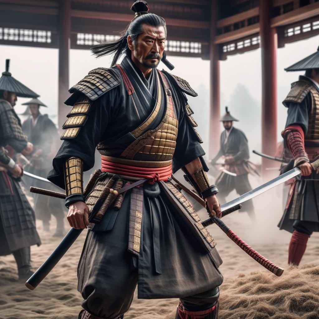  Samurai fights against Dr. House hyperrealistic, full body, detailed clothing, highly detailed, cinematic lighting, stunningly beautiful, intricate, sharp focus, f/1. 8, 85mm, (centered image composition), (professionally color graded), ((bright soft diffused light)), volumetric fog, trending on instagram, trending on tumblr, HDR 4K, 8K