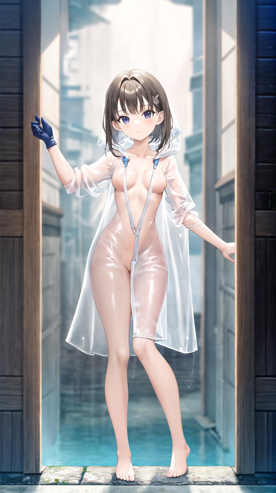  master piece , best quality,Naked girl wearing rubber gloves, barefoot and wearing a transparent raincoat.