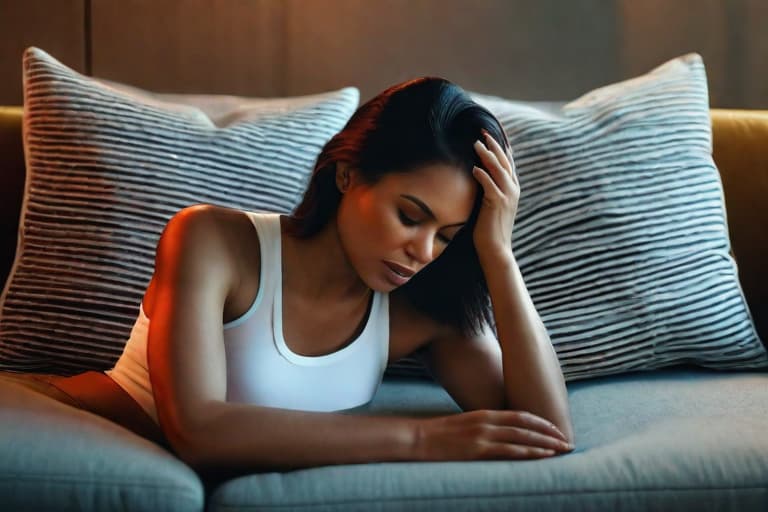  "Close up of a young woman in her late 20s, sitting in a dimly lit, cozy living room. She is holding her head with one hand, eyes closed, showing clear signs of pain and discomfort. The background features a soft couch and a coffee table with a glass of water and a bottle of pain relief medication. The lighting is warm but subdued, emphasizing her struggle with a migraine. The image is highly detailed and realistic, capturing the texture of her skin and the subtle expressions of pain on her face. The focus remains on her, with the background elements subtly enhancing the context without distracting."Ensure no face,leg,hand or eye defomities.Ensure all images are clear, detailed, contains no text and no deformities. realistic, highly detaile hyperrealistic, full body, detailed clothing, highly detailed, cinematic lighting, stunningly beautiful, intricate, sharp focus, f/1. 8, 85mm, (centered image composition), (professionally color graded), ((bright soft diffused light)), volumetric fog, trending on instagram, trending on tumblr, HDR 4K, 8K