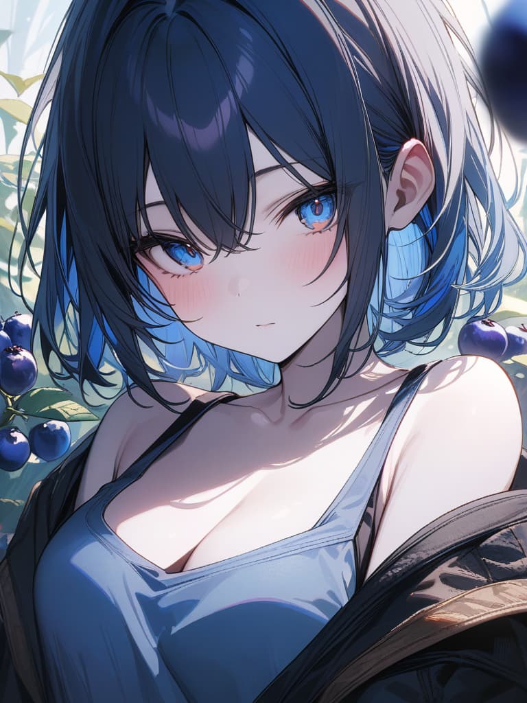  Cute, girl, long hair, thin body, white skin, blue eyes, big eyes, short bob, blueberry, blueberry decoration, tank top, short hair, blue hair color, masterpiece, best quality,8k,ultra detailed,high resolution,an extremely delicate and beautiful,hyper detail