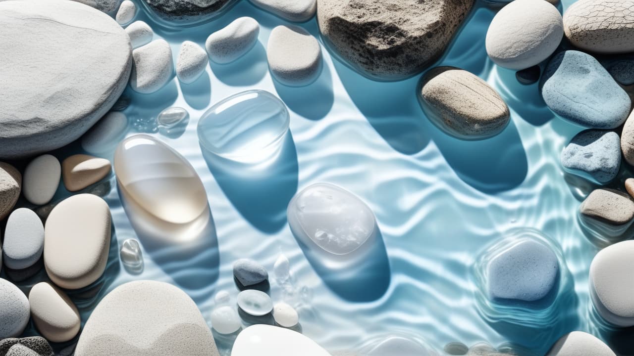  best quality, HD, Transparent and clean white water and stones with sun shadow. abstract spa background concept banner for cosmetic body care. top view, beauty backdrop, mock up