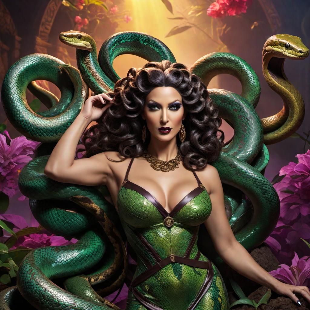  A full-body pinup style pose of Medusa, the snake-woman, with dark-colored snakes in her hair. The scene should be infused with a rainbow theme, incorporating vibrant and colorful elements into the background and overall composition. hyperrealistic, full body, detailed clothing, highly detailed, cinematic lighting, stunningly beautiful, intricate, sharp focus, f/1. 8, 85mm, (centered image composition), (professionally color graded), ((bright soft diffused light)), volumetric fog, trending on instagram, trending on tumblr, HDR 4K, 8K