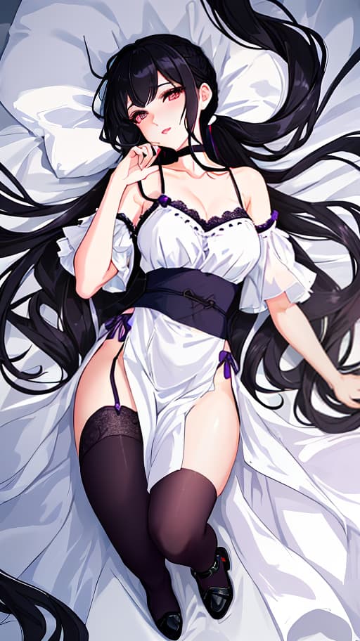  A young with youthful features, long black hair pulled back in two ponytails, and deep red eyes. She has a slender figure with natural proportions. She is wearing a light summer outfit: a dark purple knee length , loose fitting and slightly flared, made of light fabric with small lace at the edges. The is light purple in color, made of light and airy fabric, with a V neck and short sleeves with small ruffles. Makeup: light black eyeliner around the eyes, dark purple shadows and a light dark purple lip gloss. The lies on a white sheet, positioned horizontally, creating a feeling of coziness and comfort, with a gentle and caring expression on her face. Full length image. Top view, image for dakimakura, one character, lyi hyperrealistic, full body, detailed clothing, highly detailed, cinematic lighting, stunningly beautiful, intricate, sharp focus, f/1. 8, 85mm, (centered image composition), (professionally color graded), ((bright soft diffused light)), volumetric fog, trending on instagram, trending on tumblr, HDR 4K, 8K