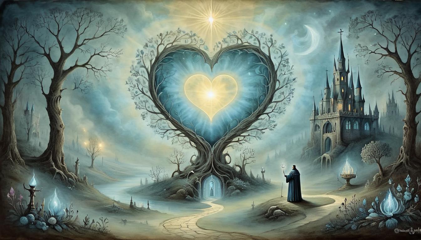  on parchment, surrealism+++, Glowing heart, divine gift, ethereal light, mystical presence, serene aura(mysterious, provocative, symbolic,muted color)+++