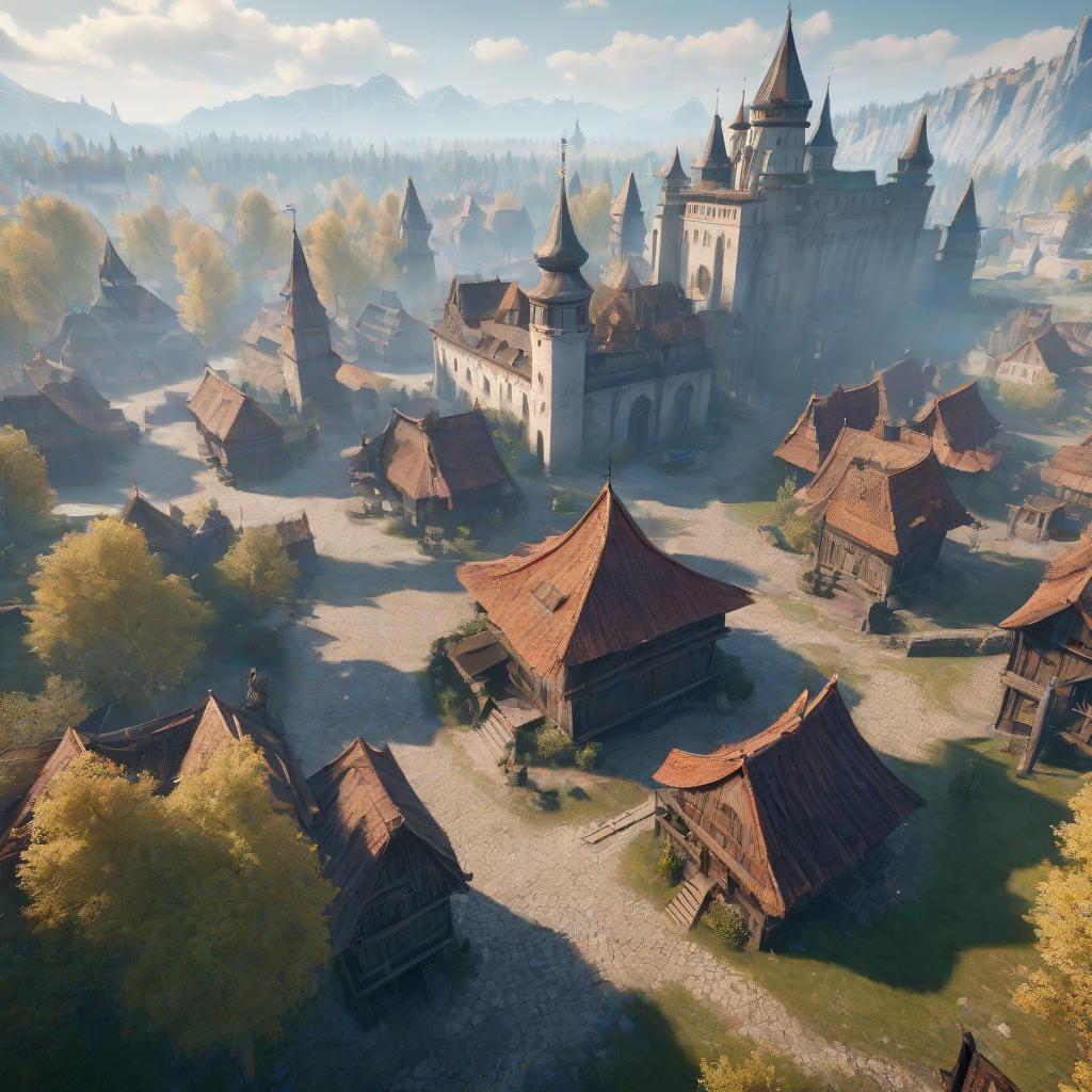  Map of a video game with buildings from Russian fairy tales, Slavic mythology, and folklore. hyperrealistic, full body, detailed clothing, highly detailed, cinematic lighting, stunningly beautiful, intricate, sharp focus, f/1. 8, 85mm, (centered image composition), (professionally color graded), ((bright soft diffused light)), volumetric fog, trending on instagram, trending on tumblr, HDR 4K, 8K