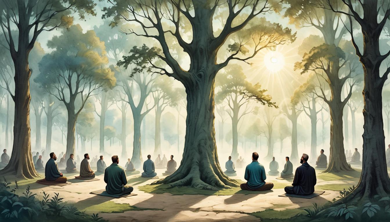  on parchment, surrealism+++, Group of people meditating, peaceful park, sunlight filtering through trees, tranquil and serene, harmony and wellness(mysterious, provocative, symbolic,muted color)+++