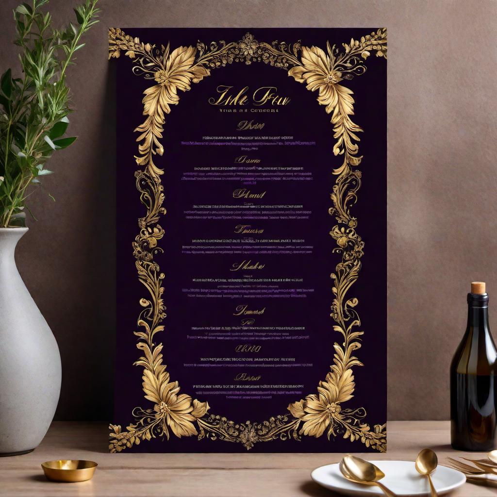  A wedding drink menu template using the colors gold, purple, and black. The template should be elegant and simple with ornate borders. Include sections for different drink categories but leave the specific drink names blank for customization. Use a clear, simple font and subtle renaissance patterns or elements for a sophisticated look. hyperrealistic, full body, detailed clothing, highly detailed, cinematic lighting, stunningly beautiful, intricate, sharp focus, f/1. 8, 85mm, (centered image composition), (professionally color graded), ((bright soft diffused light)), volumetric fog, trending on instagram, trending on tumblr, HDR 4K, 8K