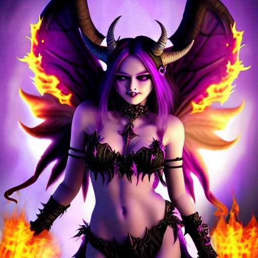  Purple Demon princess with horns and fairy wings in flames