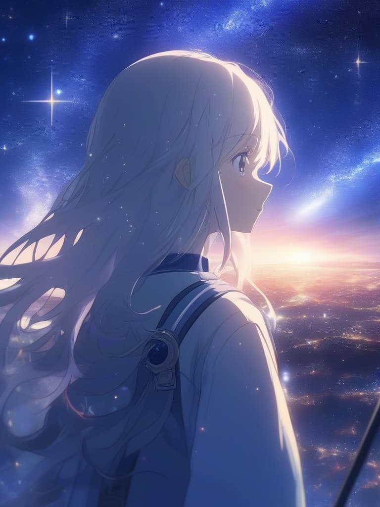  ((background,space background,starry sky,galaxy,beautiful,many stars)),beautiful ,long hair,white hair,((looking back,composition seen from behind)),fantastical,beautiful,(station attendant,,ta,stylish,station attendant uniform,Galaxy Express,),contrast,beautiful,fantastic starry sky、ultra detailed,best shadow,cute and beautiful face,(masterpiece:1.2),(best quality:1.2),detailed background,high contrast,(best illumination,an extremely delicate and beautiful),((cinematic light)),hyper detail,dramatic light,intricate details,8k,anime,very aesthetic、ダイナミックな背景、, masterpiece, best quality,8k,ultra detailed,high resolution,an extremely delicate and beautiful,hyper detail