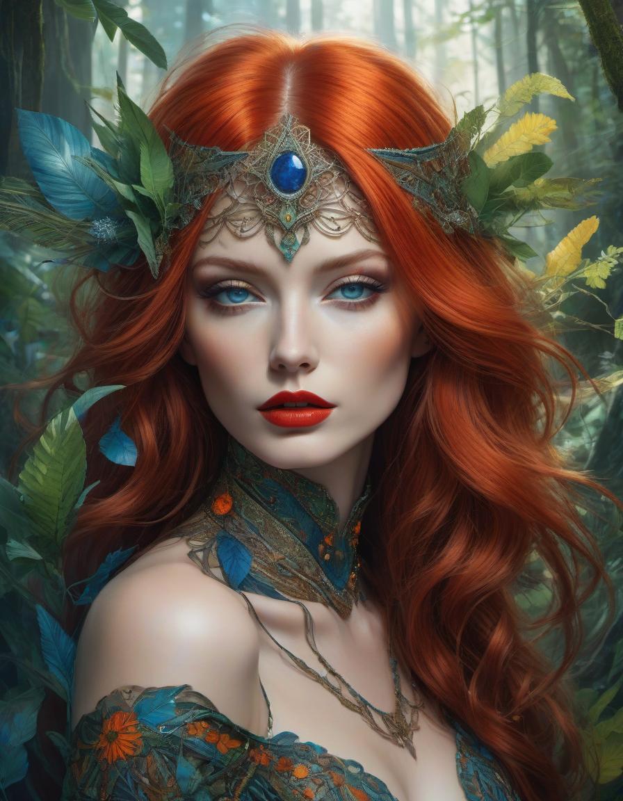  A stunning digital painting of a mysterious forest woman with red hair, blue green eyes, and orange lips. The artwork features intricate details, geometric patterns, and a surreal, photorealistic style. Created with a Nikon D850, it showcases amazing depth and fine borders, earning awards for its fantasy and ethereal qualities mysterious silhouette forest woman,red hair, blue green eyes, orange lips by Minjae Lee, Carne Griffiths, Emily Kell, Geoffroy Thoorens, Aaron Horkey, Jordan Grimmer, Greg Rutkowski, amazing depth, masterwork, surreal, geometric patterns, intricately detailed, bokeh, perfect balanced, deep fine borders, artistic photorealism , smooth, great masterwork by head of prompt engineering hyperrealistic, full body, detailed clothing, highly detailed, cinematic lighting, stunningly beautiful, intricate, sharp focus, f/1. 8, 85mm, (centered image composition), (professionally color graded), ((bright soft diffused light)), volumetric fog, trending on instagram, trending on tumblr, HDR 4K, 8K