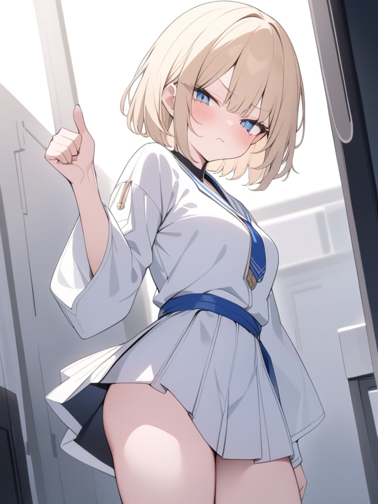  angry with a blush、((fist pointing punch at viewer))、tearful eyes、pout、(short blonde bob hair、blue eyes)、白いメイド服、dutch angle、💩、💩、💩、💩、💩、, masterpiece, best quality,8k,ultra detailed,high resolution,an extremely delicate and beautiful,hyper detail