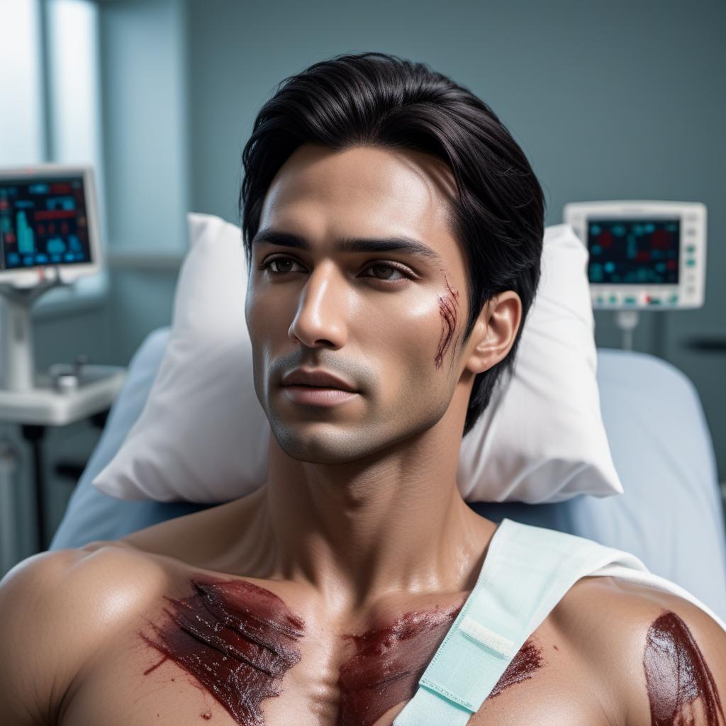  A realistic, lower-resolution sideview picture of an athletic person with tan skin and dark brown to black hair, lying down in a modern hospital bed. The person has extensive scratches and gashes on their body, with some bandages on their arms, and looks like they are in a lot of pain. The face resembles the reference image provided. The hospital room is modern style with relevant equipment. hyperrealistic, full body, detailed clothing, highly detailed, cinematic lighting, stunningly beautiful, intricate, sharp focus, f/1. 8, 85mm, (centered image composition), (professionally color graded), ((bright soft diffused light)), volumetric fog, trending on instagram, trending on tumblr, HDR 4K, 8K