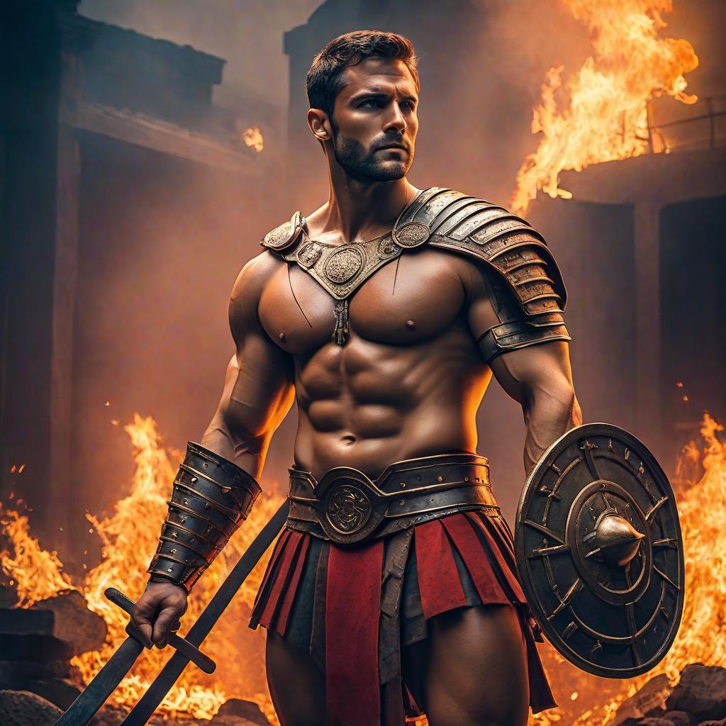  Pop Art style A brutal gladiator with the inscription on his chest OSORAN holds a metal beam in a fire . bright colors, bold outlines, popular culture themes, ironic or kitsch hyperrealistic, full body, detailed clothing, highly detailed, cinematic lighting, stunningly beautiful, intricate, sharp focus, f/1. 8, 85mm, (centered image composition), (professionally color graded), ((bright soft diffused light)), volumetric fog, trending on instagram, trending on tumblr, HDR 4K, 8K