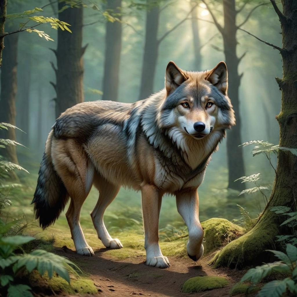  "Children's fairy tale image, a wolf walking through the forest", on parchment hyperrealistic, full body, detailed clothing, highly detailed, cinematic lighting, stunningly beautiful, intricate, sharp focus, f/1. 8, 85mm, (centered image composition), (professionally color graded), ((bright soft diffused light)), volumetric fog, trending on instagram, trending on tumblr, HDR 4K, 8K