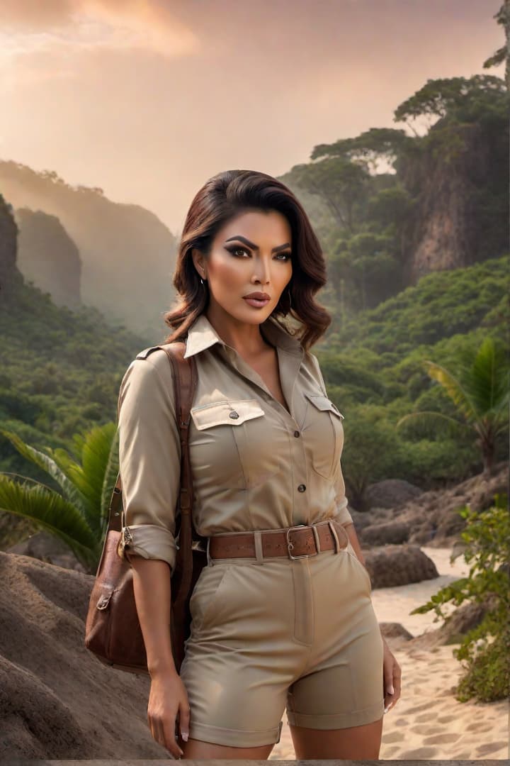  Show a scared and screaming 1930’s era Asian female jungle explorer ,Ann Margret,wearing khaki shorts and khaki shirt with khaki knee socks,standing waist high in sand hyperrealistic, full body, detailed clothing, highly detailed, cinematic lighting, stunningly beautiful, intricate, sharp focus, f/1. 8, 85mm, (centered image composition), (professionally color graded), ((bright soft diffused light)), volumetric fog, trending on instagram, trending on tumblr, HDR 4K, 8K