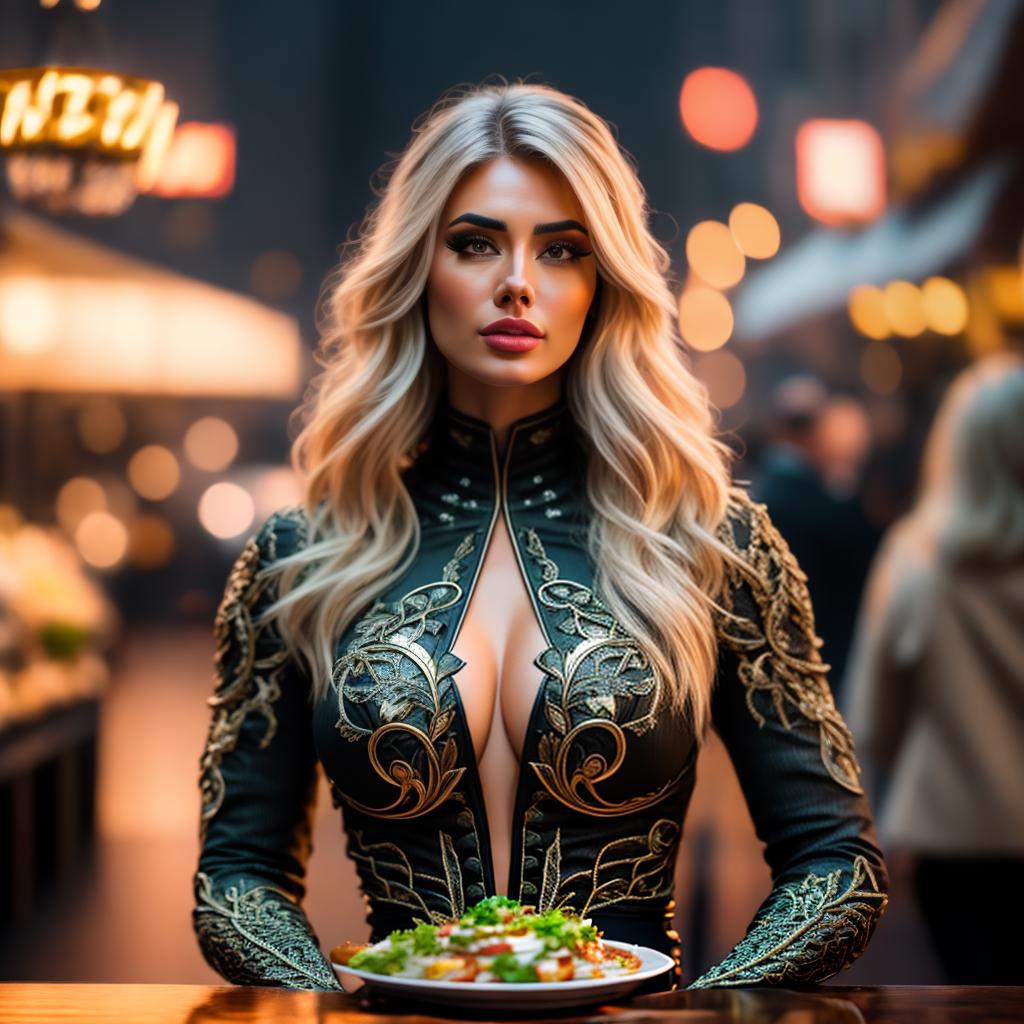  Eating healthy hyperrealistic, full body, detailed clothing, highly detailed, cinematic lighting, stunningly beautiful, intricate, sharp focus, f/1. 8, 85mm, (centered image composition), (professionally color graded), ((bright soft diffused light)), volumetric fog, trending on instagram, trending on tumblr, HDR 4K, 8K