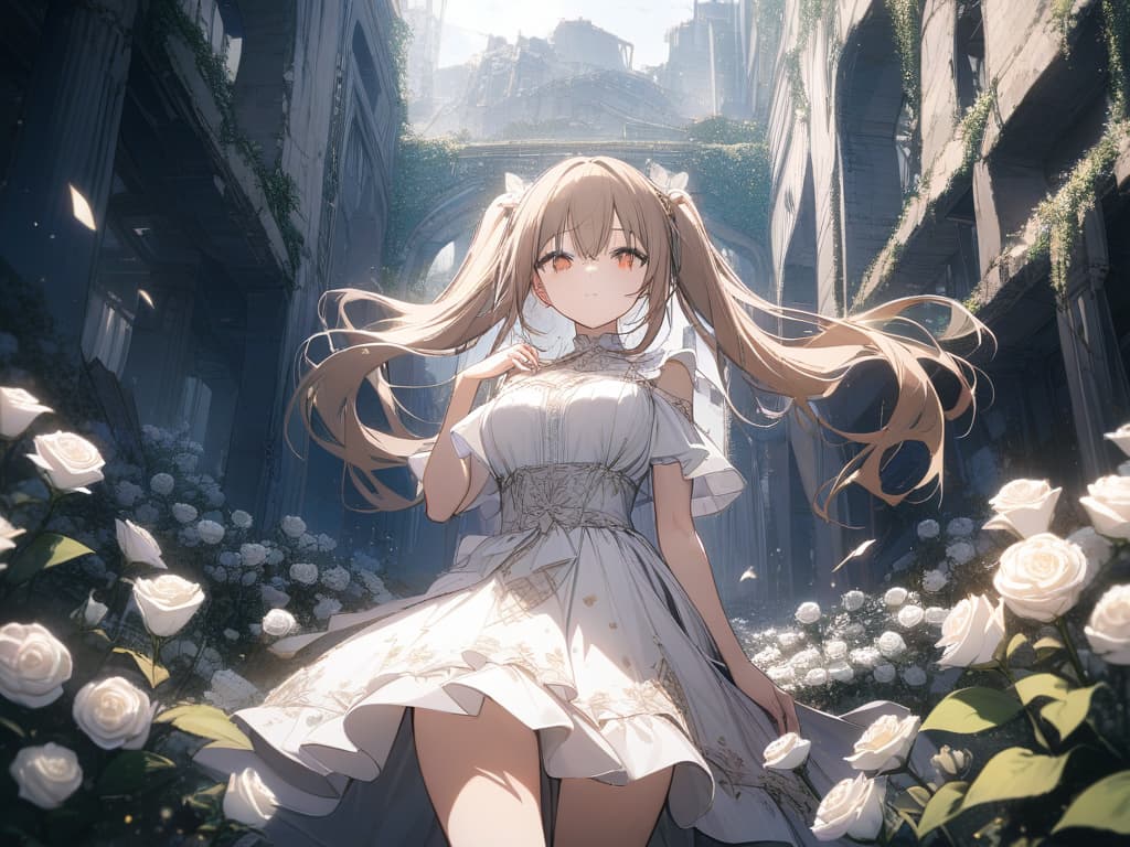  Girls, hair colored beige, eyes with red, white frills, ruins, many white roses, white roses, white, star, light, twin tails, masterpiece, best quality,8k,ultra detailed,high resolution,an extremely delicate and beautiful,hyper detail