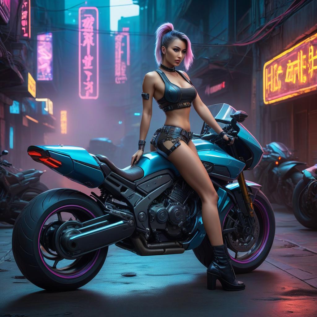  cyberpunk game style A girl on a motorcycle in short shorts and a tank top rides on the back wheel of a motorcycle . neon, dystopian, futuristic, digital, vibrant, detailed, high contrast, reminiscent of cyberpunk genre video games hyperrealistic, full body, detailed clothing, highly detailed, cinematic lighting, stunningly beautiful, intricate, sharp focus, f/1. 8, 85mm, (centered image composition), (professionally color graded), ((bright soft diffused light)), volumetric fog, trending on instagram, trending on tumblr, HDR 4K, 8K