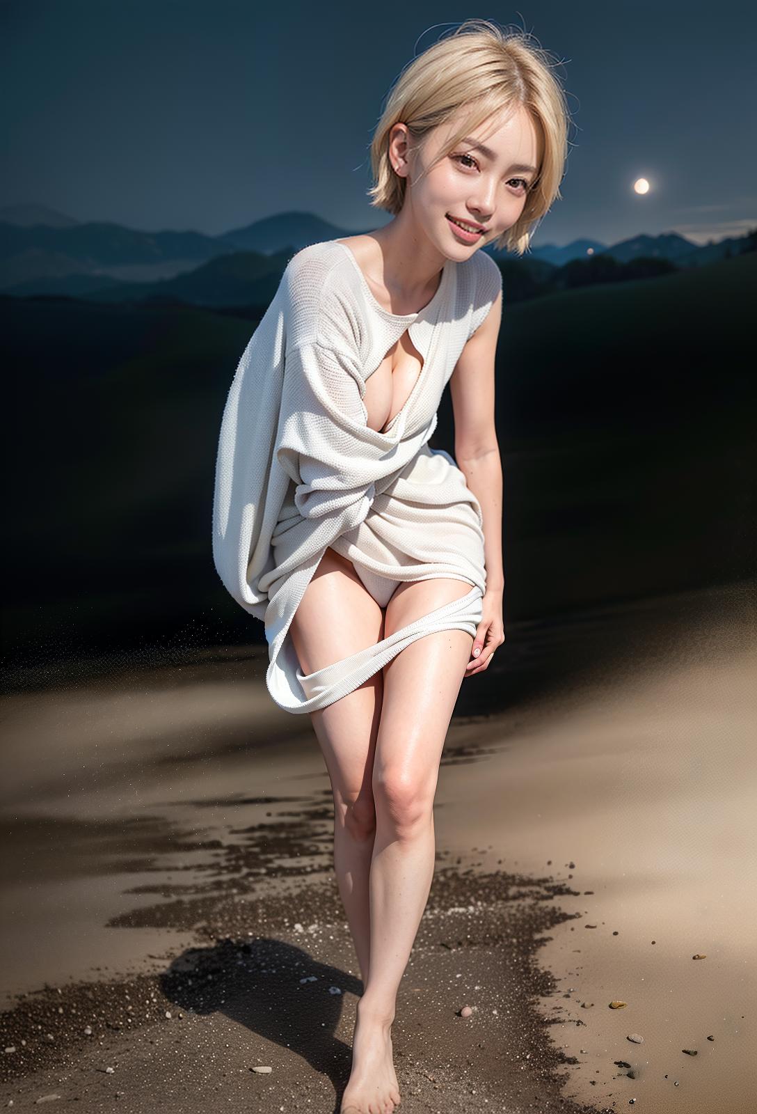  High resolution, 4K, ultra quality, wilderness, full moon, moonlight, stand barefoot on Kusano, a big smile, big eyes, actresses, transcendental beauty, short hair, light silver hair, (Masterpiece, BestQuality:1.3), (ultra detailed:1.2), (hyperrealistic:1.3), (RAW photo:1.2),High detail RAW color photo, professional photograph, (Photorealistic:1.4), (realistic:1.4), ,professional lighting, (japanese), beautiful face, (realistic face)